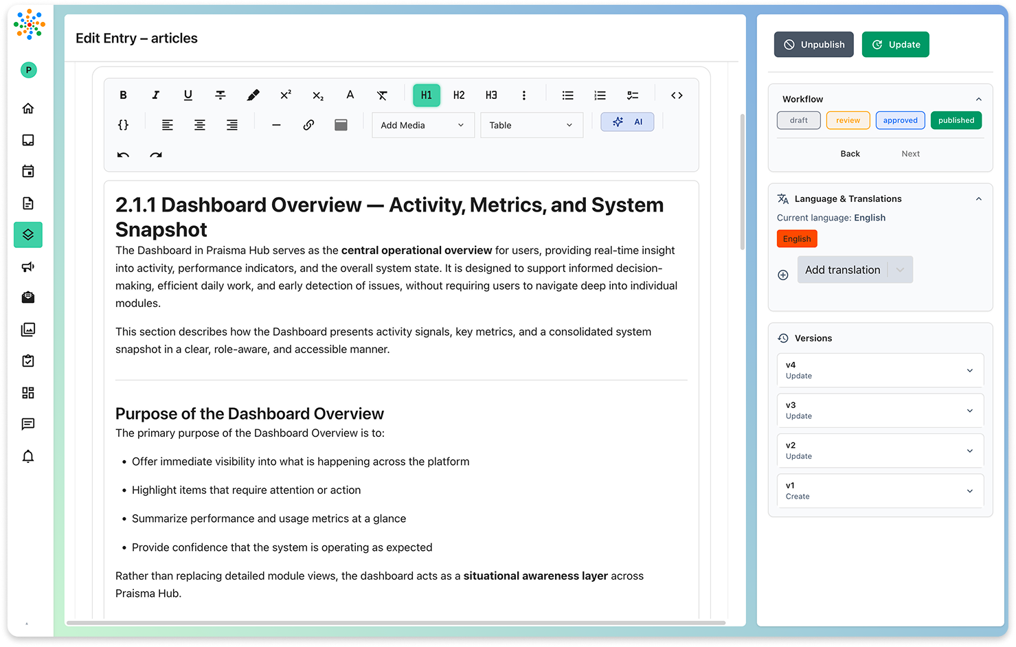 Headless CMS dashboard