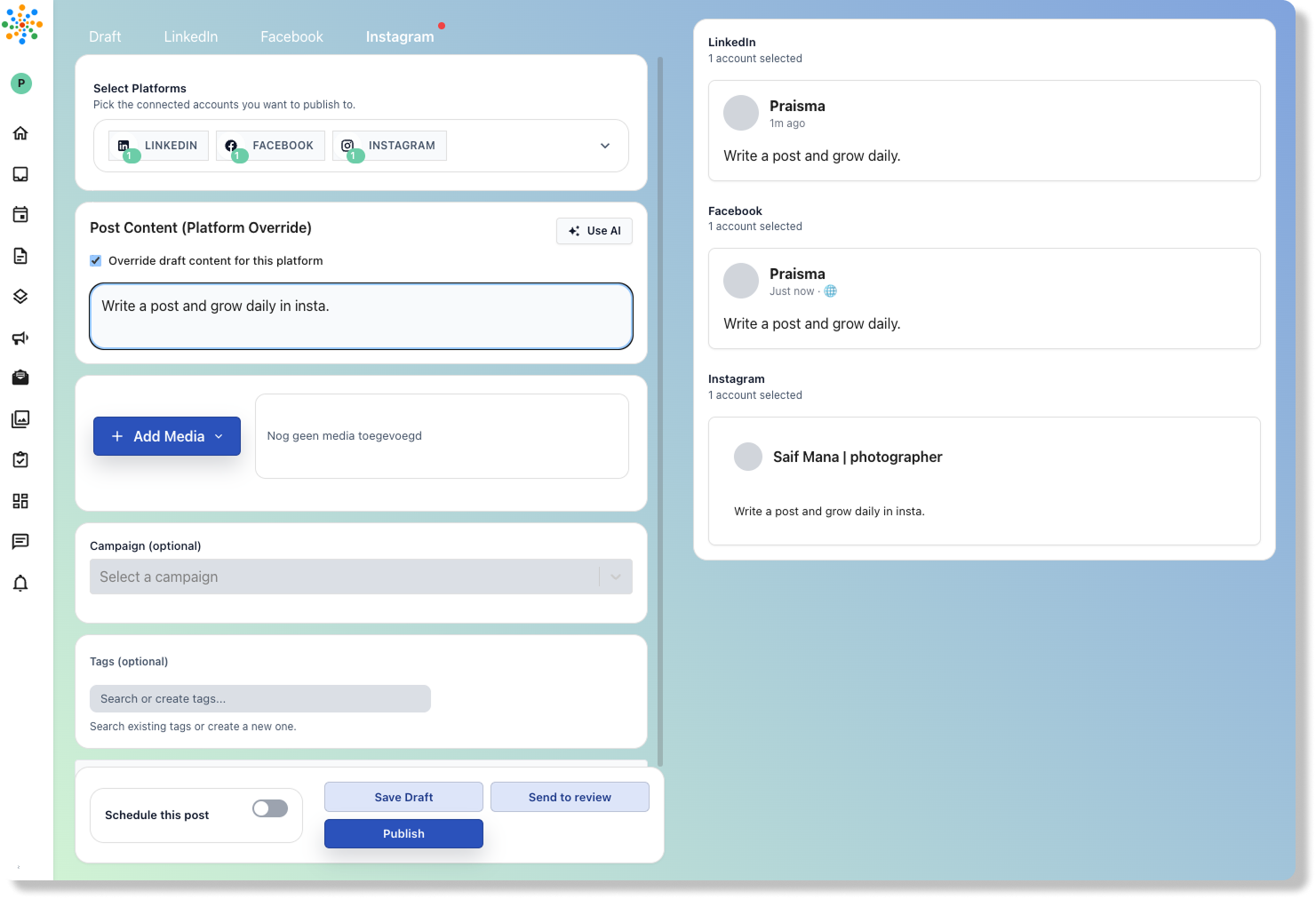 Social media publishing calendar
